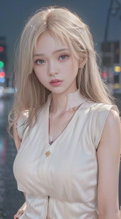 ((Realistic lighting, Best quality, 8K, Masterpiece: 1.3)), Clear focus: 1.2, 1girl, Perfect body beauty: 1.4, Slim abs: 1.1, (), (White vest: 1.4), (Outdoor, night: 1.1), City streets, Super fine face, fine eyes, Double eyelids, (Wet in the rain, wet body: 1.2), no shirt, nudity