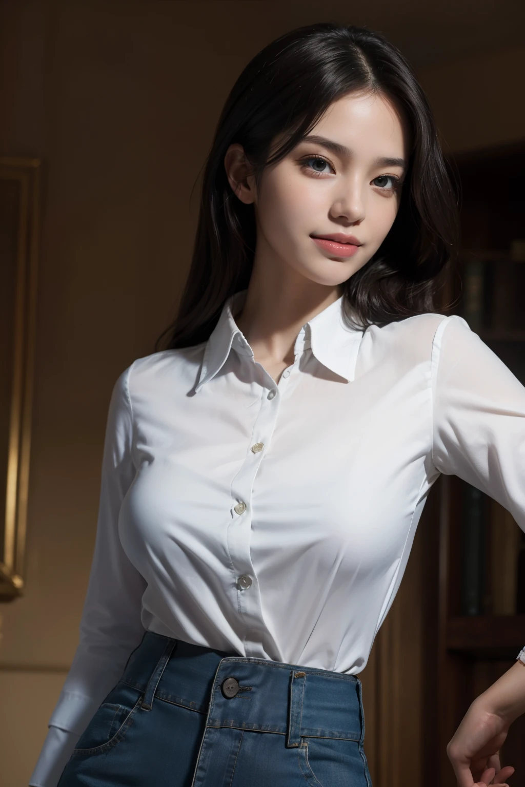 best quality, masterpiece, (photorealistic:1.4), 1girl, light smile, shirt with collars, waist up, dramatic lighting, from below