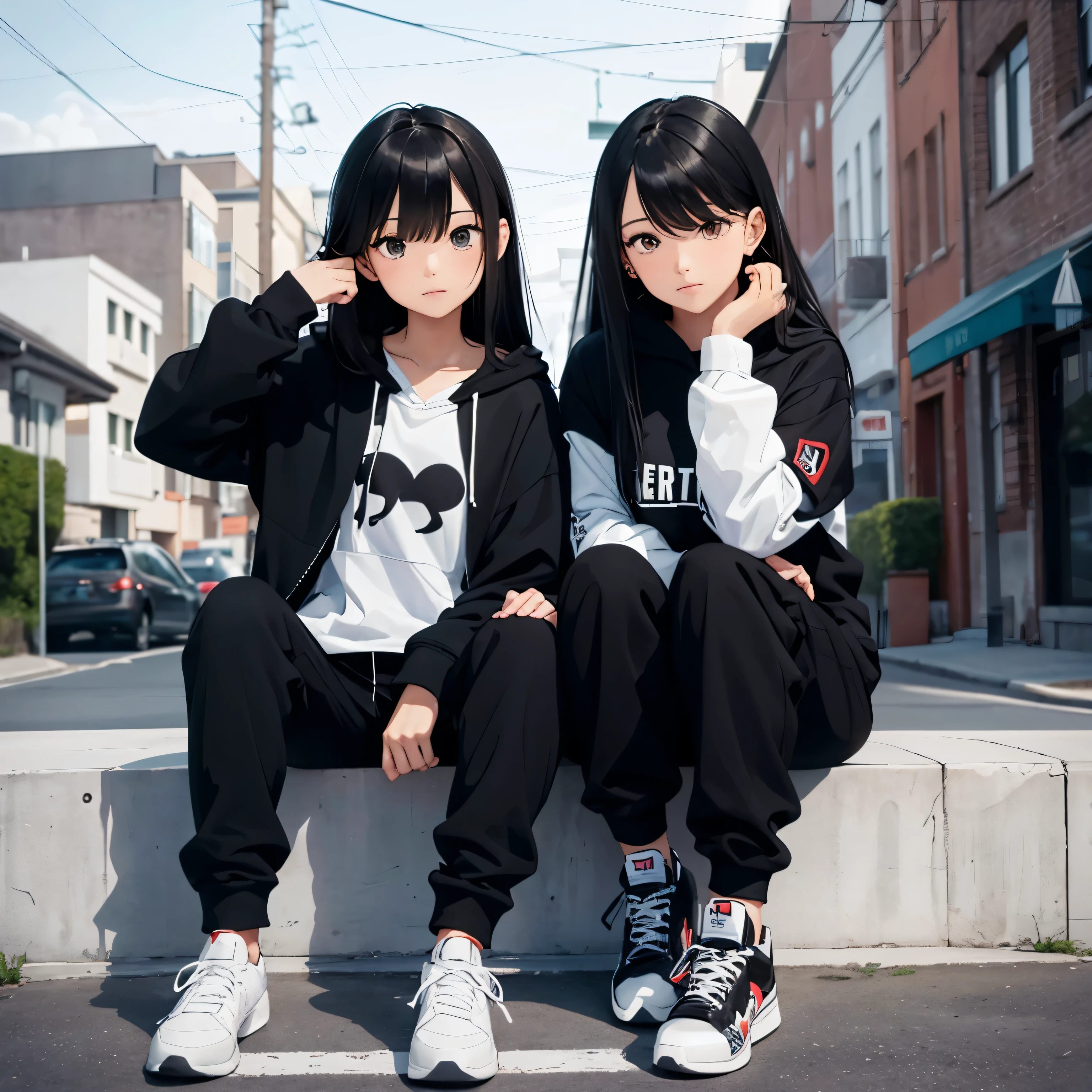 Two beautiful and cute girls, long black hair, black and white hoodie, trousers, sneakers, tall, decent, roadside, sit