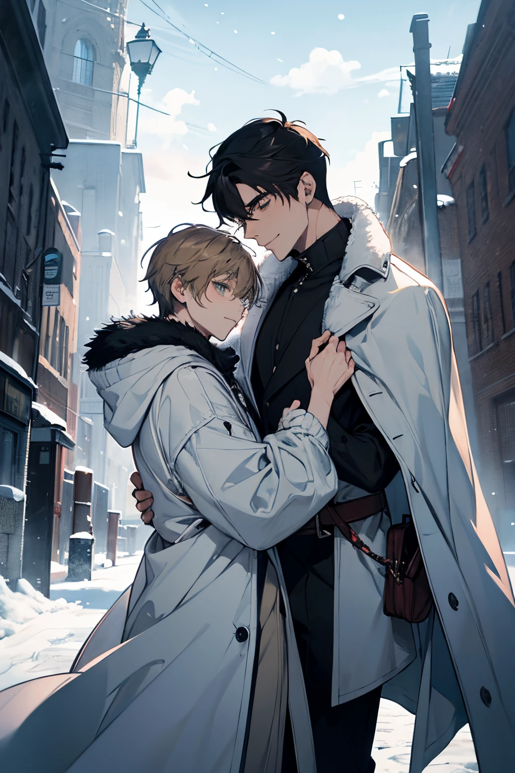 Unparalleled beauty,face perfect、Perfect Eye、green eyes Makoto Shinkai、steam、White breath、片方のmale peopleの顔は見えない、Winter Outfit、snowscape、Landscape like an ink painting、 (2man),ゲイのmale people関係, male people,、stare at each other、Smiling,