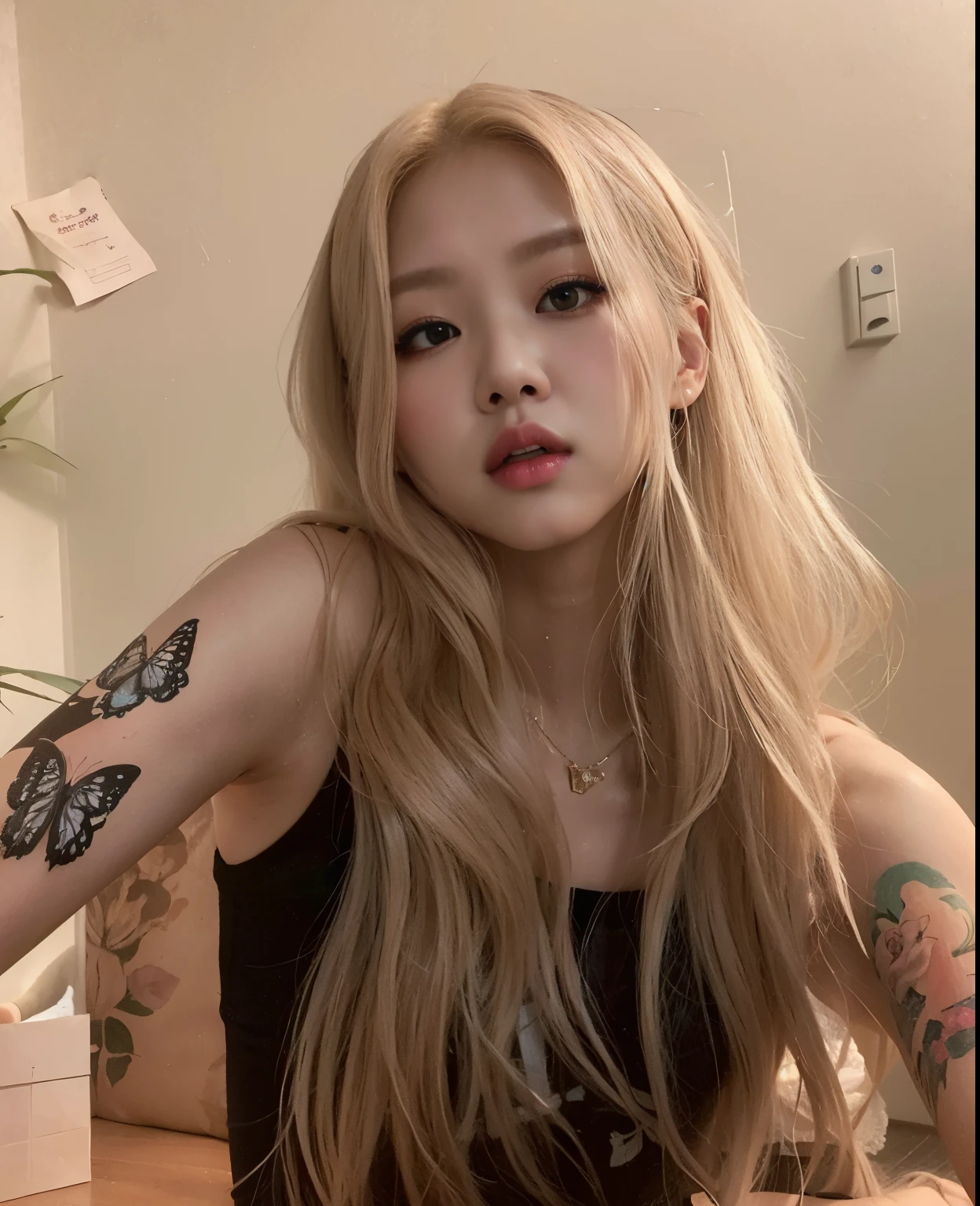 Blonde woman with long hair and butterfly tattoo on arm, Cl, Parque Roseanne do Blackpink, foto de perfil, TaeJune Kim, linda Delphine, Heonhwa Choe, de menina taiwanesa com tatuagens, imagem de perfil, ava max, Xision Wu, Jaeyeon Nam, taken in the early 2020s, menina coreana, com longos cabelos loiros. Blackpink Rosé face