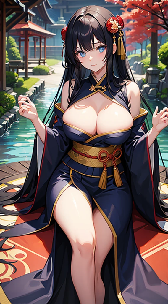 A dark-haired、Long hair that goes down to the waist、Blue eyes、Japan priestess uniform、Beautiful woman with big breasts、Japan garden in the background、The kimono is a little transparent、A slightly shy face、