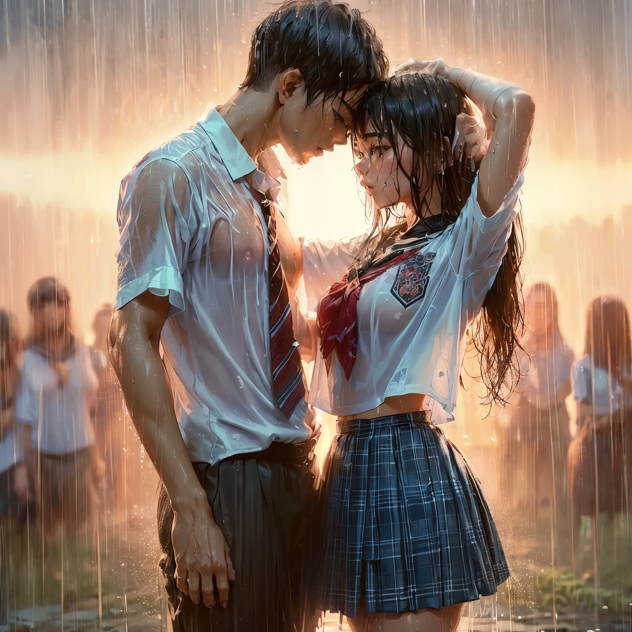 realistic art, there are (woman with large round breast wearing black luxury bra) and her (((handsome muscular short hair masculine alpha male boyfriend))) in a indonesian school uniform hugging in the rain, ((wet messy shirt show black bra under shirt)), wet skirt, pretty girl at school field, raining, thai girl, raining award winning photo, school girl, at evening, wet from rain, rainy wet, beautifull , hand behind head, masterpiece, best quality:1.2),,(8k,highres,RAW photo,realistic,photo-realistic:1.3),(detailed skin texture,detailed cloth texture,beautiful detailed face:1.25),professional lighting,photon mapping,beautiful soft light,radiosity,physically-based rendering,raytracing, model shoot style, model shoot style, (extremely detailed CG unity 8k wallpaper), full shot body photo of the most beautiful artwork in the world, ((nsfw))