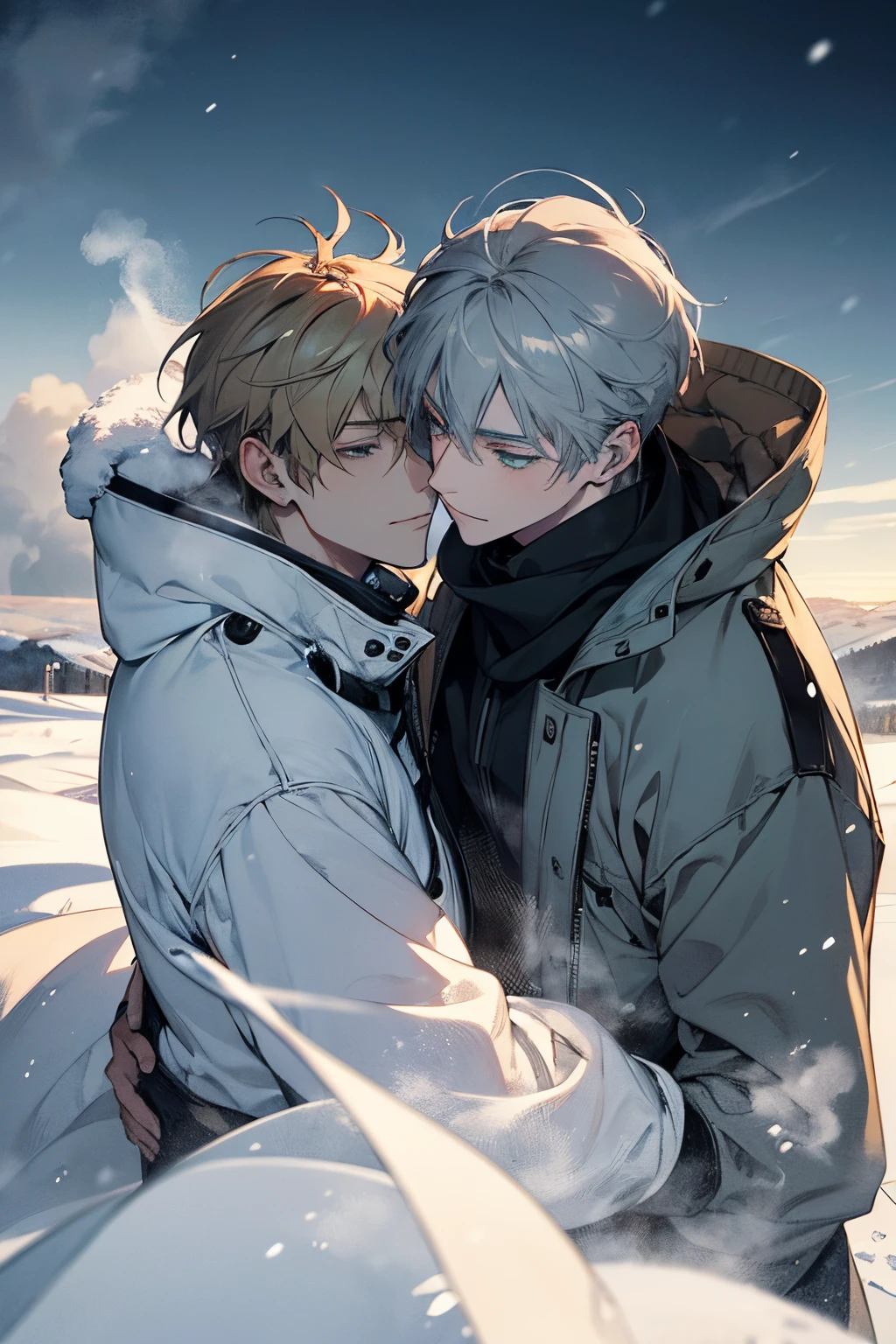 Unparalleled beauty,face perfect、Perfect Eye、green eyes Makoto Shinkai、Blonde and silver-haired、steam、steam、White breath、closing eye、Winter Outfit、snowscape、Landscape like an ink painting、 (2man),ゲイのmale people関係, male people,、stare at each other、Smiling,snow blowing