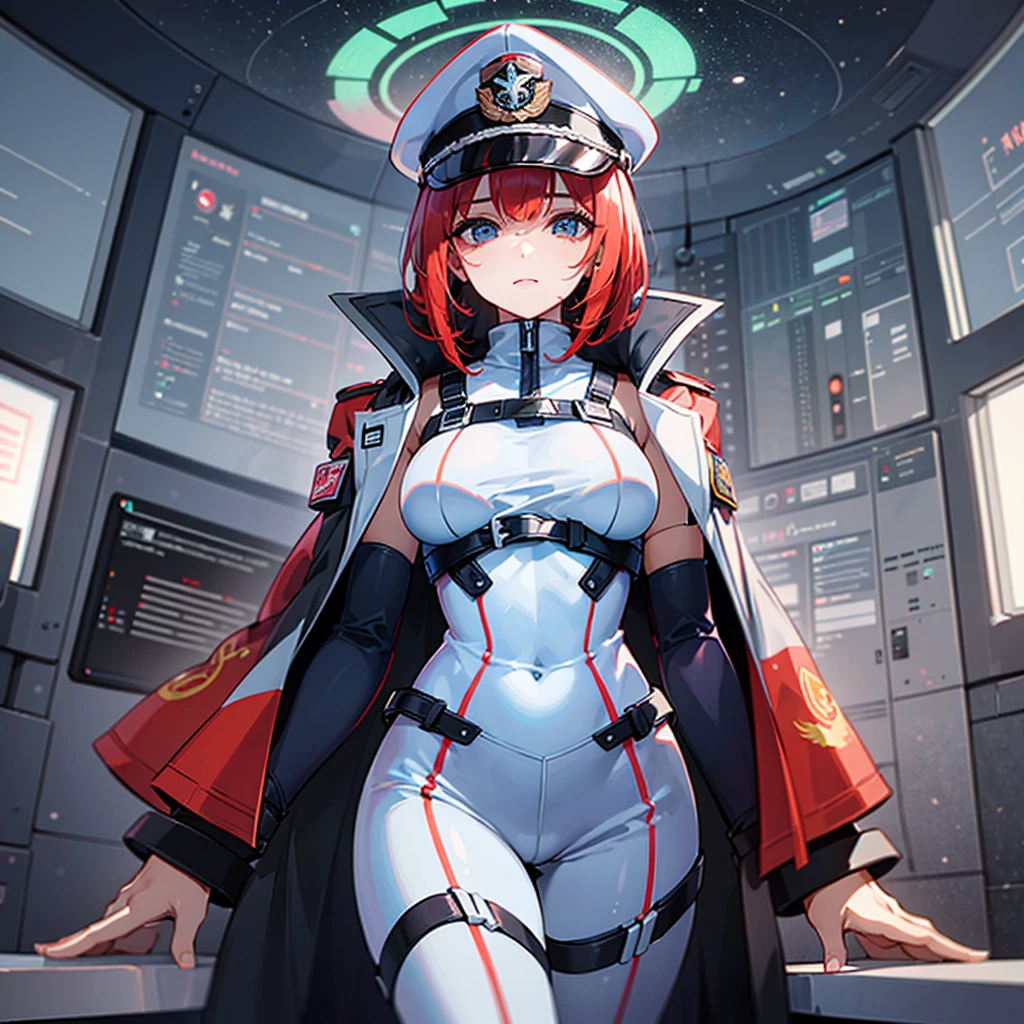 (((masterpiece、Top image quality、top-quality、highly detailed unity 8kwall-paper)))、(Illustration of one woman)、30-years old、(Viceroy)、((Red-haired shorthair))、(Thin hair hanging down both sides of the face)、Blue eyes、((Tall))、((Muscle Woman、stocky build、muscular legs、broad shoulders、solid chest))、((Military uniforms))、((Military Cap))、((Military coat))、(white clothes)、(White pants)、(White cap)、trench coat、(((Inside a futuristic spaceship、Inside the bridge、The Universe on the Monitor)))
