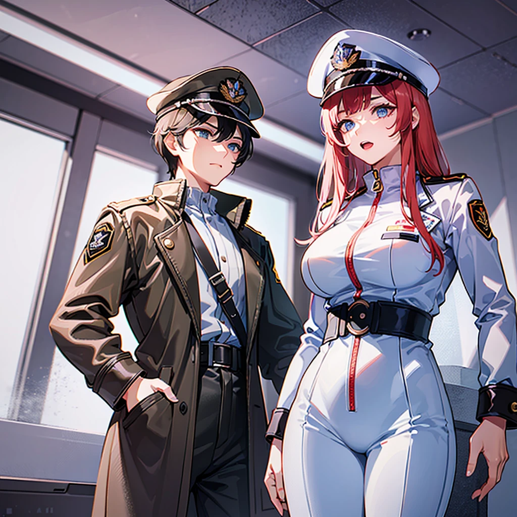 (((masterpiece、Top image quality、top-quality、highly detailed unity 8kwall-paper)))、(Illustration of one woman)、30-years old、(Viceroy)、((Red-haired shorthair))、(Thin hair hanging down both sides of the face)、Blue eyes、((Tall))、((Muscle Woman、stocky build、muscular legs、broad shoulders、solid chest))、((Military uniforms))、((Military Cap))、((Military coat))、(white clothes)、(White pants)、(White cap)、trench coat、(((Inside a futuristic spaceship、Inside the bridge、The Universe on the Monitor)))