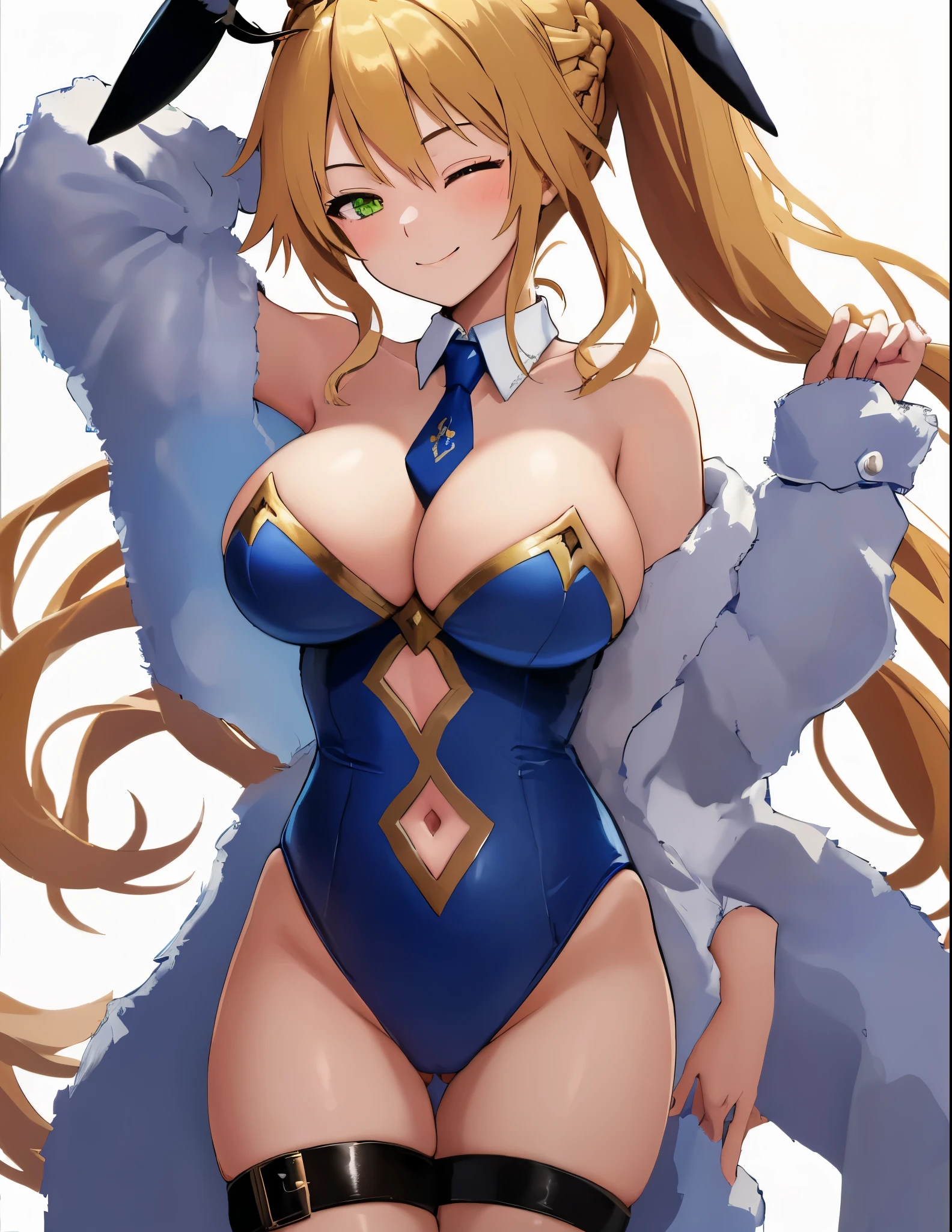 masterpiece, best quality, absurdres, soft lighting, looking at viewer, solo, light_smile, wink, one eye closed,
1girl, ahoge, rabbit ears, playboy bunny, artoria pendragon \(swimsuit ruler\) \(fate\), large breasts , blonde hair, green eyes, french braid,  pony tail
bare shoulders, large breasts , cleavage,
clothing cut out, wrist cuffs, detached collar, navel cutout, feather boa,
white leotard, blue necktie, blue pantyhose, single thigh strap, hands behind head,
cowboy shot,
white background,