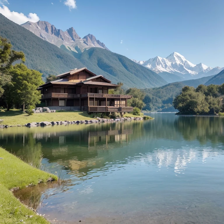 A Western-style building nestled on the shore of a lake deep in the mountains