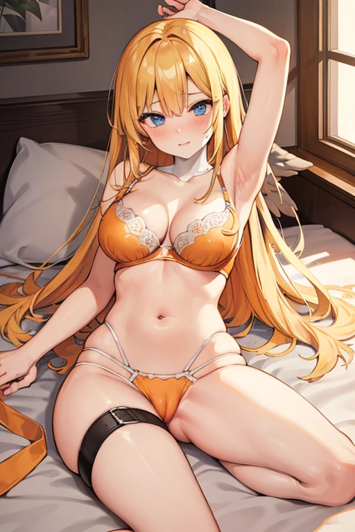 ((Best Quality)), ((Masterpiece)), (detailed), perfect faces, ((blonde hair)), blue eyes, large , sexy, range color bra))), (((orange color underwear))), (((orange color lingerie))), cum in pu, breask, anges, white wings