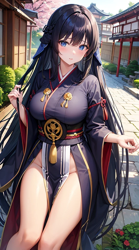 A dark-haired、Long hair that goes down to the waist、Blue eyes、Japan priestess uniform、Beautiful woman with big breasts、Japan garden in the background、The kimono is a little transparent、A slightly shy face、