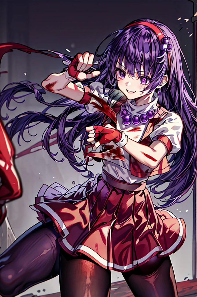 (masterpiece)、(top-quality)、(ultra-detailliert)、intricate detailes、athena97、(1girl in)、独奏、Purple eyes、Purple hair、length hair、White earrings、red hairband、Star hair ornament、Medium Breath、Red vest、White turtleneck、White Puff Sleeves、shortsleeves、Red pleated skirt、(Crimson pantyhose:1.2)、Black pantyhose、Yellow belt、purple sphere shape necklace、Red fingerless gloves、White short socks、Red shoes、evil smile、NSFW、cowboy shot rally background、anime styled、(Blood on the face:1.4)、(Fighting stance:1.4),Inside the execution ground