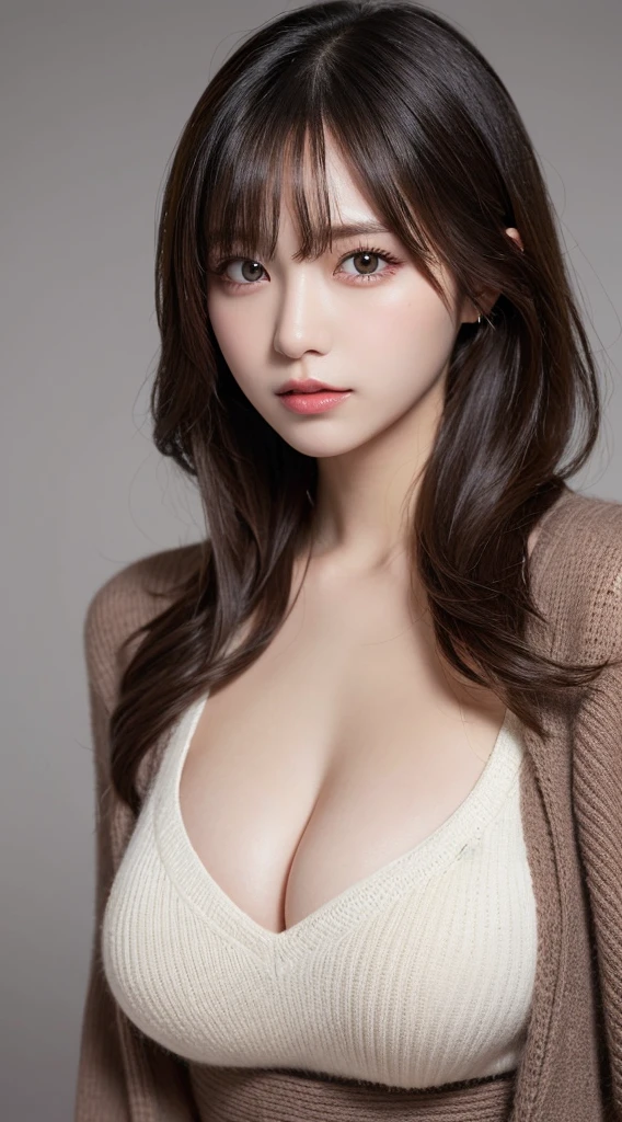masutepiece, Best Quality, Illustration, Ultra-detailed, finely detail, hight resolution, 8K Wallpaper, Perfect dynamic composition, Beautiful detailed eyes, Natural Lip, Sexy knitted dresses , Big breasts, cleavage, Random sexy poses, Full body