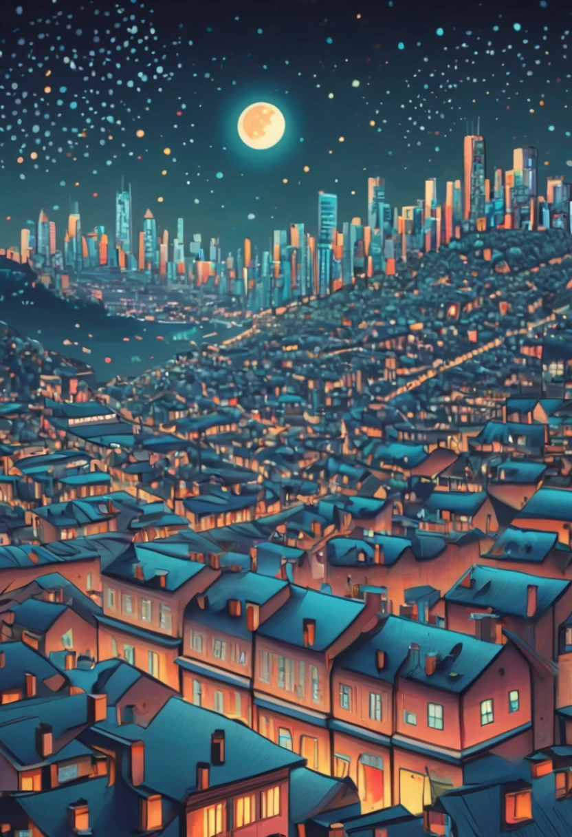 (best quality,4k,highres,masterpiece:1.2),ultra-detailed,(realistic:1.37),City Night View in a zentangle style,architecture,streets,crowded,neon lights,twinkling stars,detailed windows,vivid colors,dreamlike atmosphere,zigzag patterns,sharp lines,black and white combination,tangled buildings,surrealistic,night sky,glowing moon,contrast between lights and shadows,creativity,unique style,meticulous attention to details,expressive strokes,urban landscape,mysterious vibes,imagination,enchanted scene,nighttime hustle and bustle,thousands of windows shining bright,humming city life,long exposure effect,skyscrapers reaching for the sky,abstract patterns,creative interpretations,urban symmetry,zigzag rooftops,glowing skyscrapers,limited color palette,zentangle influences,cityscape at night,tranquil ambiance,moonlit scenery.