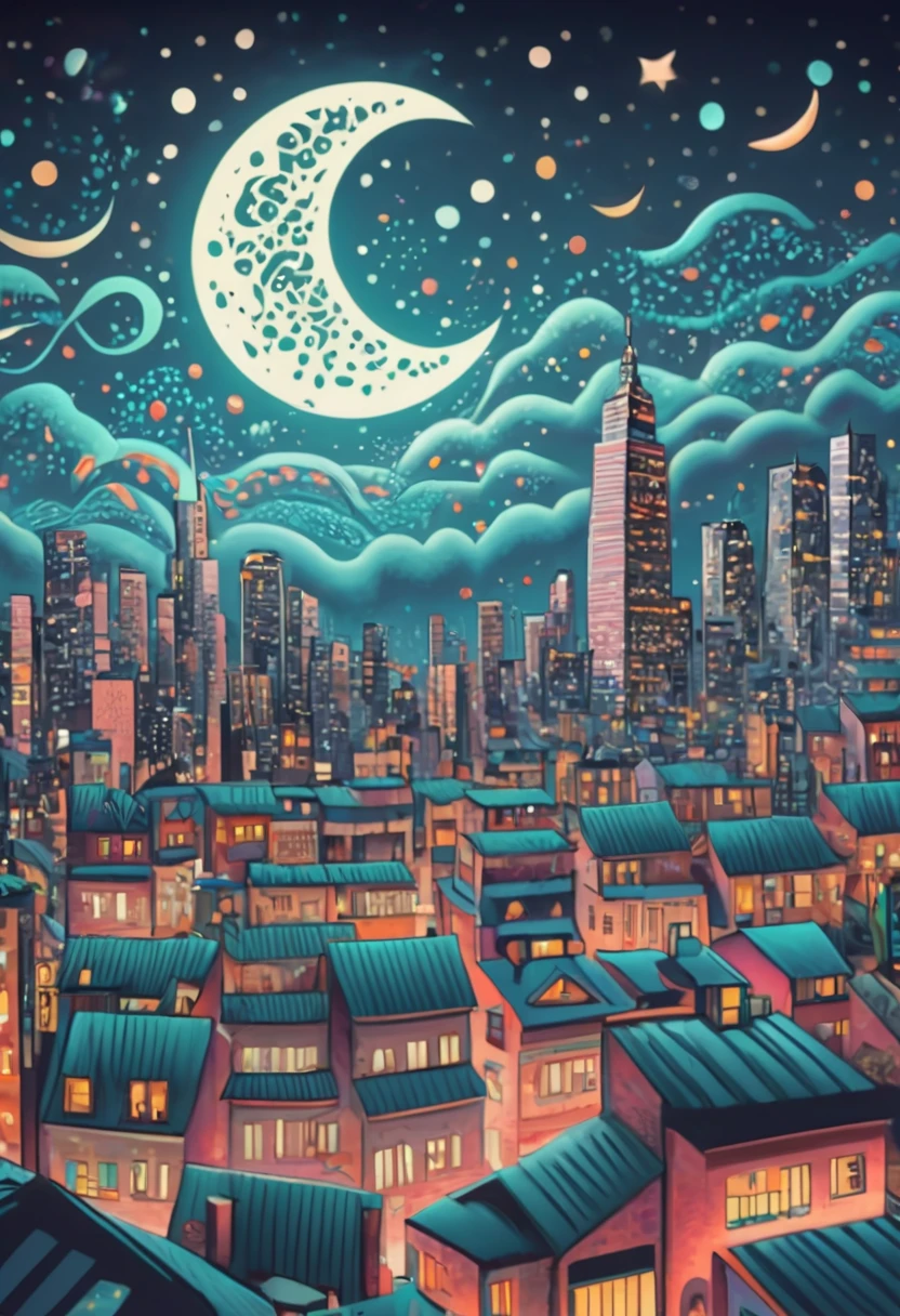 (best quality,4k,highres,masterpiece:1.2),ultra-detailed,(realistic:1.37),City Night View in a zentangle style,architecture,streets,crowded,neon lights,twinkling stars,detailed windows,vivid colors,dreamlike atmosphere,zigzag patterns,sharp lines,black and white combination,tangled buildings,surrealistic,night sky,glowing moon,contrast between lights and shadows,creativity,unique style,meticulous attention to details,expressive strokes,urban landscape,mysterious vibes,imagination,enchanted scene,nighttime hustle and bustle,thousands of windows shining bright,humming city life,long exposure effect,skyscrapers reaching for the sky,abstract patterns,creative interpretations,urban symmetry,zigzag rooftops,glowing skyscrapers,limited color palette,zentangle influences,cityscape at night,tranquil ambiance,moonlit scenery.