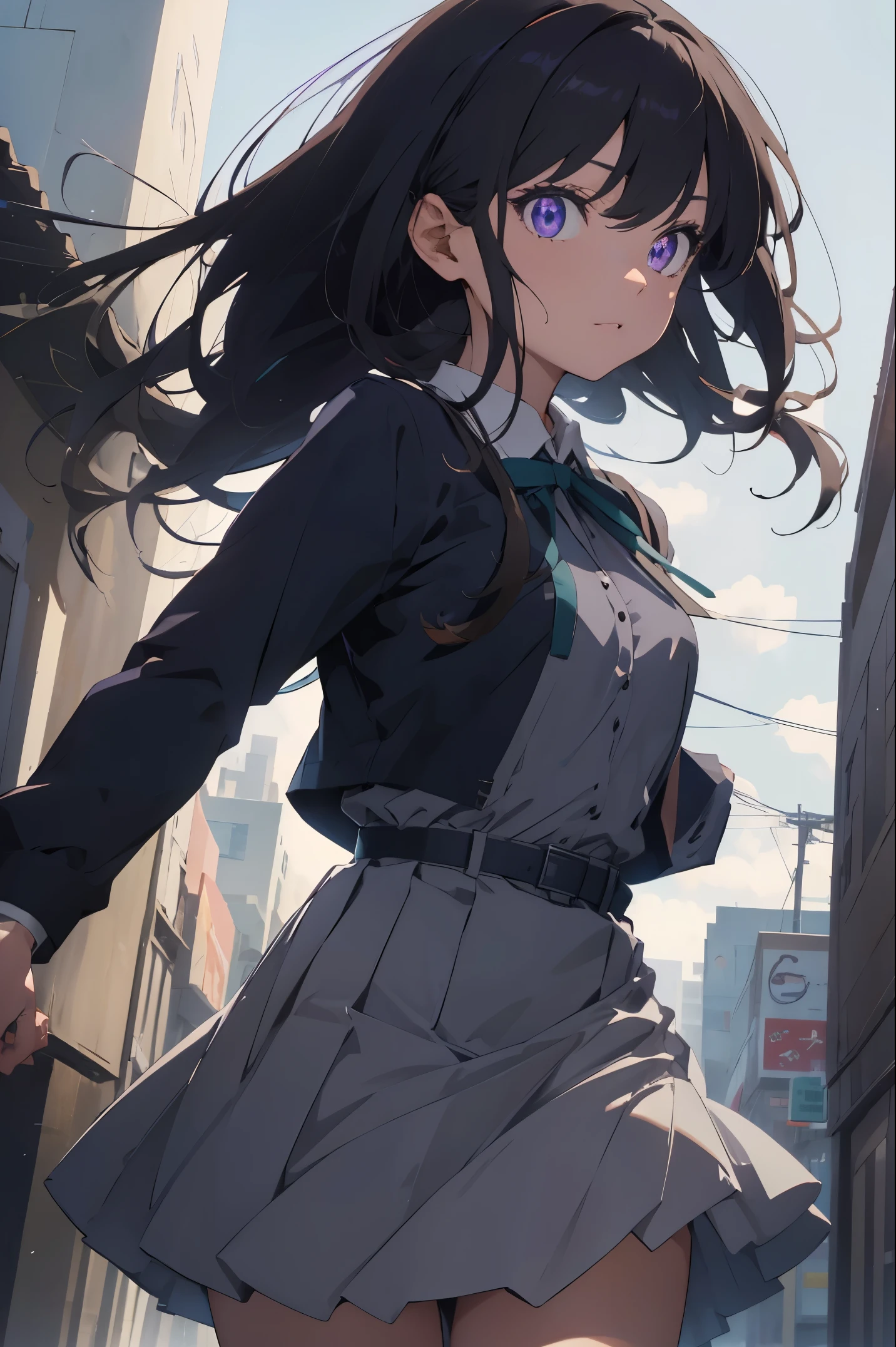 takinainoue, inoue takina, long hair, bangs, black hair, (purple eyes:1.2), BREAK shirt, long sleeves, dress, ribbon, school uniform, white shirt, collared shirt, belt, neck ribbon, blue dress, green ribbon, pleated dress, grey dress, two-tone dress, blue belt, lycoris uniform, BREAK outdoors, city, BREAK (masterpiece:1.2), best quality, high resolution, unity 8k wallpaper, (illustration:0.8), (beautiful detailed eyes:1.6), extremely detailed face, perfect lighting, extremely detailed CG, (perfect hands, perfect anatomy),