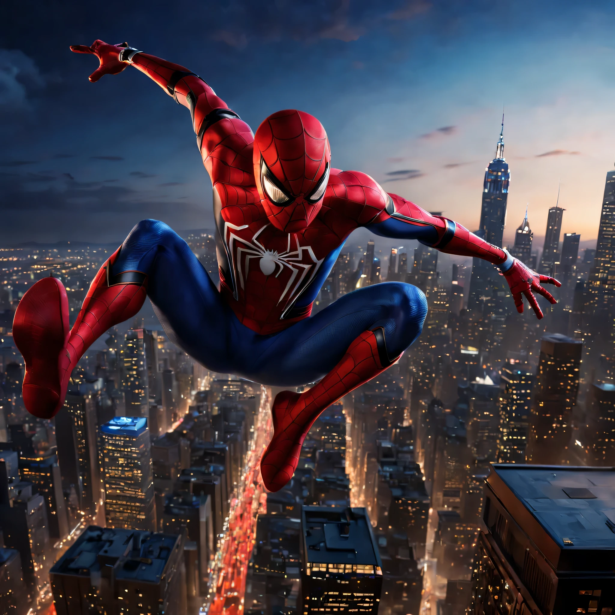 (masterpiece), super detail, best quality, ultra high res, highres, 8k, UHD, HDR, art by mooncryptowow, In the heart of the city, Spider-Man swings through the night, his iconic red and blue suit contrasting against the  landscape. The dynamic structure is evident as Spider-Man interacts with the cityscape, creating a visually captivating and exhilarating scene that captures the thrill of his acrobatic exploits amidst the towering skyscrapers and bustling streets.