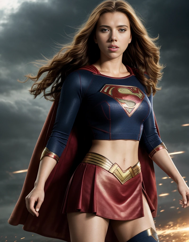 tmasterpiece,Highest image quality,super detailing,Best quality ,Extremely Delicately Beautiful, Very meticulous,Best quality, offcial art, extremely detaild的 CG unified 8k wallpapers,Scarlett Johansson plays the hottest superwoman,Beautiful superwoman costume,superwoman miniskirt,Supergirl tights,