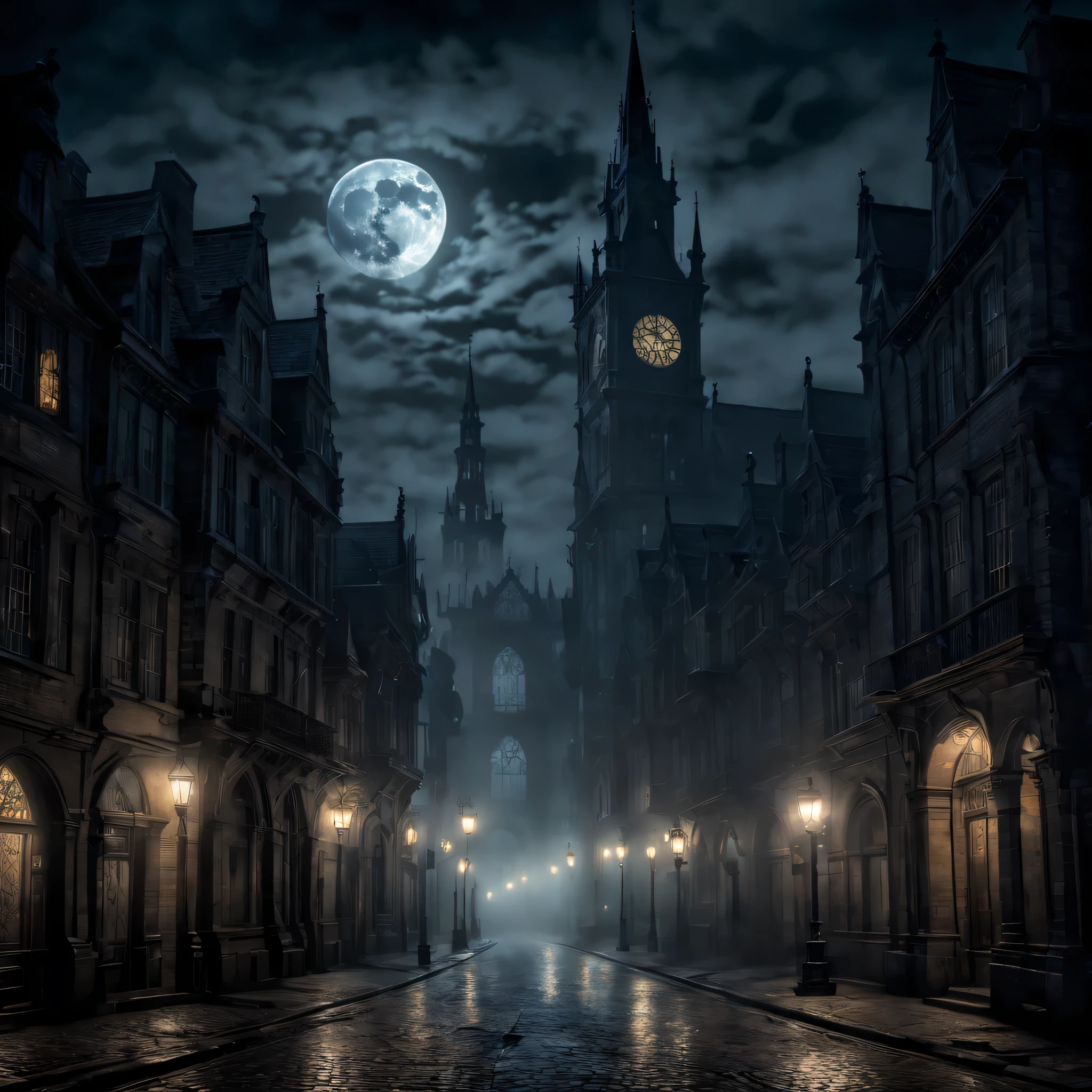 (masterpiece), super detail, best quality, ultra high res, highres, 8k, UHD, HDR, art by mooncryptowow, night view, city, spooky, darkness, In the eerie embrace of the night, a spooky cityscape emerges, shrouded in mist and shadow. The dim glow of streetlights casts long, haunting shadows across the cobblestone streets, while the silhouettes of gothic architecture loom ominously against the moonlit sky. The dynamic structure is evident as the cityscape interacts with the ... haunting atmosphere, creating a visually captivating and chilling scene that evokes a sense of mystery and foreboding.