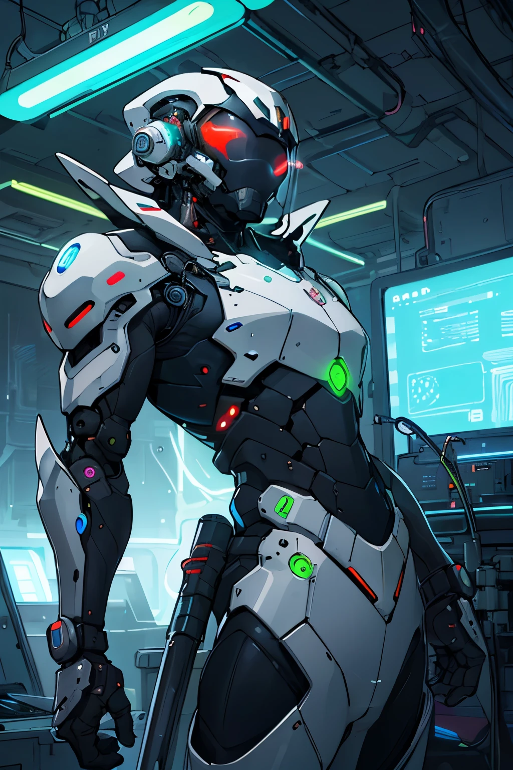An amazingly scary warrior, (A high resolution,HighDynamicRange,Detailed medieval armor with neon lights and control arms, ((sci-fy, A futuristic))