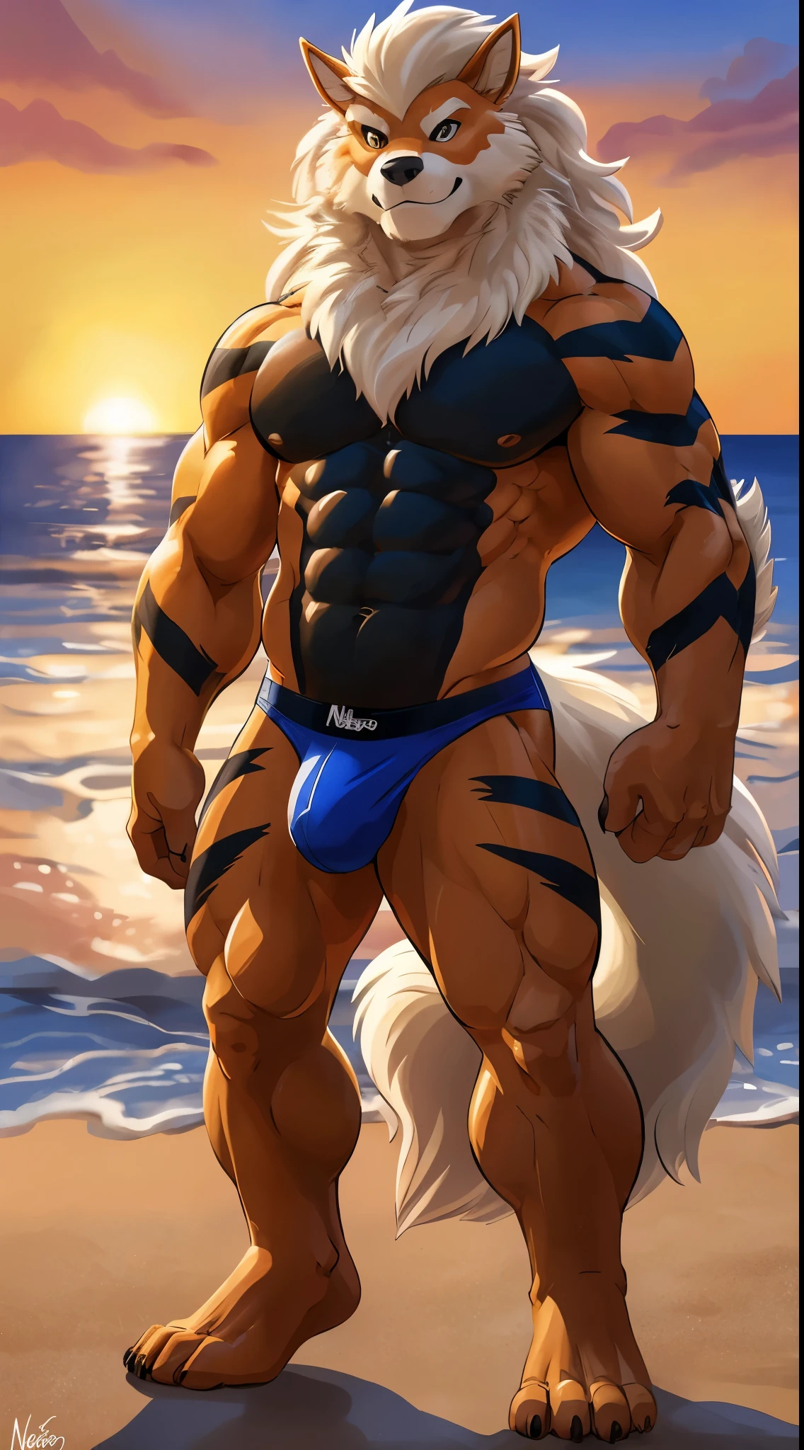 Arcanine. white long hair, 4k, high resolution, best quality, posted on e621, solo, anthro body, male, , masculine, (very muscular:1.2), correct anatomy, (beach background, sea background, sky background, sunset:1.0), (blurry background, out-of-focus background:1.2), (by wfa:1.0), (by negger:1.2), (by chunie:0.5), (cel shaded, cartoony shading:1.2), black lineart, black outline, flat coloring, (strong shadows, dark shadows:1.2), (black speedos, bulge:1.0), confident, sexy pose