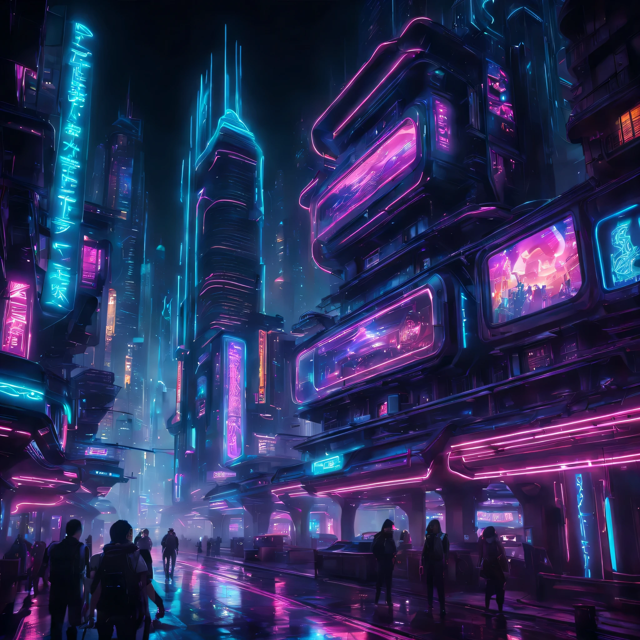art by mooncryptowow, In the neon-lit streets of a cyberpunk night city, a mesmerizing display of futuristic architecture and dazzling lights creates an electrifying and immersive atmosphere. The dynamic structure is evident as the cityscape interacts with the vibrant cyberpunk elements, resulting in a visually captivating and evocative scene that embodies the ... essence of a technologically advanced and visually stunning environment.