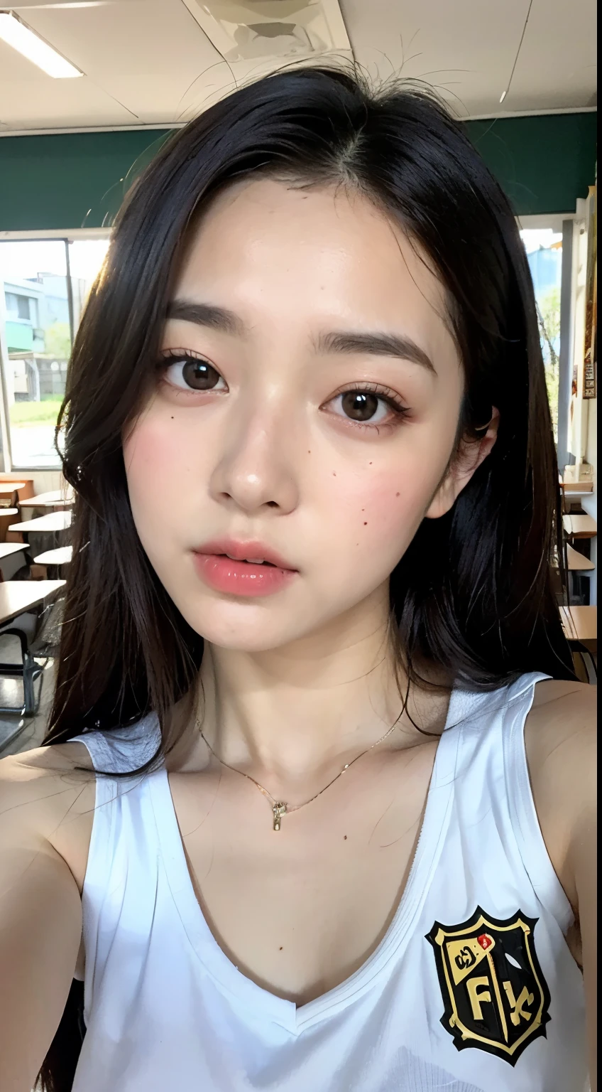 (8k, RAW photos, top quality, masterpiece: 1.2), ultra detailed, super resolution, (real, real photos: 1.37), portraits, high definition RAW color photos, professional photos, very detailed and beautiful, highly detailed, 8k wallpapers, amazing details, huge file size, official art, highly detailed CG Unity 8k wallpapers, highly detailed beautiful girls, highly detailed faces, very detailed eyes, very detailed skin, very detailed fingers, very detailed nose, very detailed detailed mouth, very beautiful face and eyeull body)), tall beautiful woman relaxing in classroom wearing jersey, huge breasts, (: 1.23), JK, gym clothes, jersey, cute core, high school girl, korean girl, school, classroom, blackboard