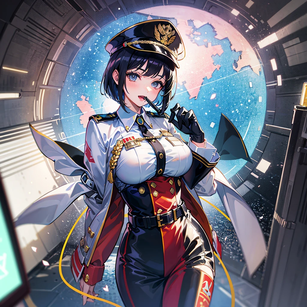 (((masterpiece、Top image quality、top-quality、highly detailed unity 8kwall-paper)))、(Illustration of one woman)、30-years old、(Viceroy)、((Black hair bob cut))、(((Gas mask covering the mouth)))、Gray eyes、((Tall))、((huge tit))、((Military uniforms))、((Military Cap))、((Military coat))、(white clothes)、(White pants)、(White cap)、trench coat、(((Inside a futuristic spaceship、Inside the bridge、The Universe on the Monitor)))