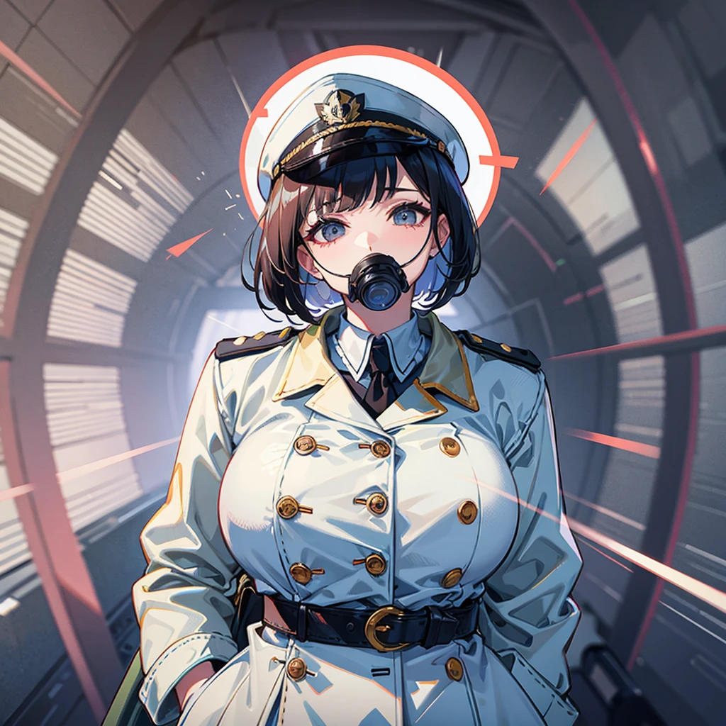 (((masterpiece、Top image quality、top-quality、highly detailed unity 8kwall-paper)))、(Illustration of one woman)、30-years old、(Viceroy)、((Black hair bob cut))、(((Gas mask covering the mouth)))、Gray eyes、((Tall))、((huge tit))、((Military uniforms))、((Military Cap))、((Military coat))、(white clothes)、(White pants)、(White cap)、trench coat、(((Inside a futuristic spaceship、Inside the bridge、The Universe on the Monitor)))