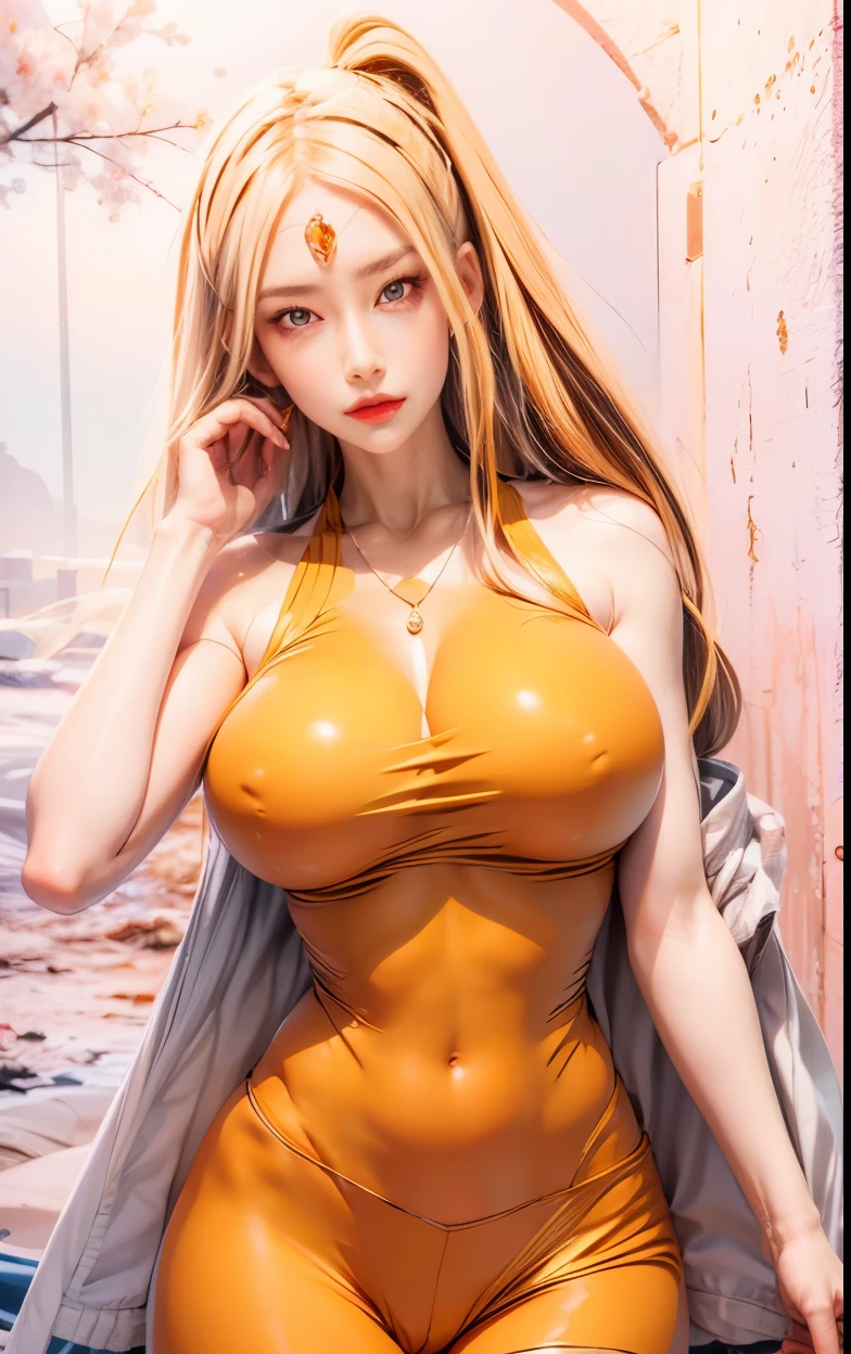 realistic, 1 women, best quality, 12k, HD, long hair, big round breasts, cleavage, ponytail, necklace, jewelry, shorts, short jacket, slim hips, hair tie, yellow eyes, black hair, super detailed, Eye details, hair details, person details, mouth details, face details, breast details, clothes details, hair details, pants details, hand details, whole body