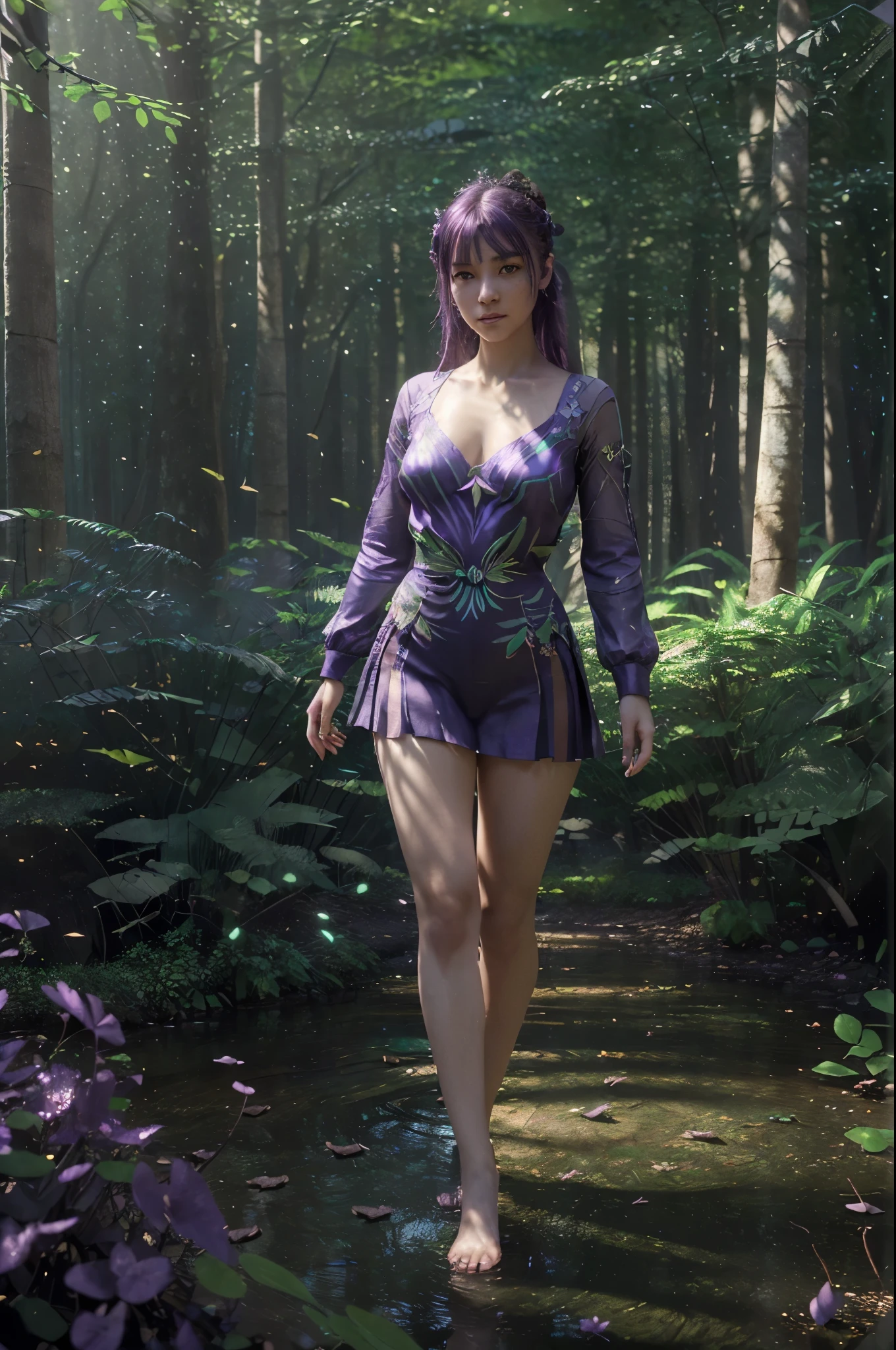 A masterpiece, the best quality, stunning reflections, the best reflections ever. (very detailed CG unity 8k wallpaperest quality), (best illustrationest shadoworest theme with natural elements. Tall trees, quiet streams, small glowing mushrooms surrounded by delicate leaves and branches, with fireflies and glowing particle effects,, (natural elements), (jungle theme), (leaves), (twigireflieutterflies, (delicate leaves), (glow), (particle effects). , Isometric 3D, Octane Rendering, Ray Traced, Super Detailed, 1 girl, Shinobu kocho demon slayer, shinning purple eyes, purple hair, Graceful, beautiful face, detailed face, Shining butterflies landed on her elegant clothes,(Very detailed CG unity 8K wallpaper).