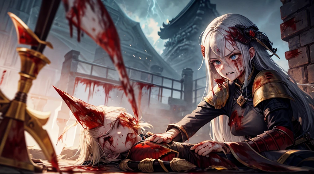 masterpiece,best quality,ultra detailed,(1 Fallen Female Knight),(rage:1.2),(one eye closed:0.5),upper body shot,The fire sword,blonde hair,long hair,blue eye,straight hair,(ThunderStorm:1,5),darksouls,(fire:1.4),(Rainy:0.9),((blood dripping from mouth:1.2)),(((profuse bleeding:1.8))),castle town,(galaxy)