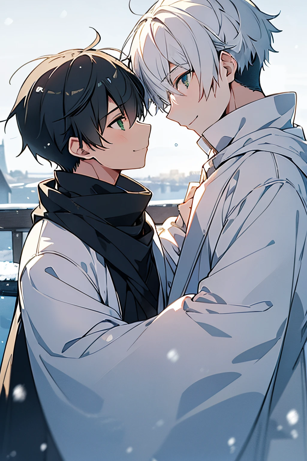 Unparalleled beauty,face perfect、Perfect Eye、green eyes Makoto Shinkai、Blonde and silver-haired、steam、steam、White breath、closing eye、Winter Outfit、snowscape、Landscape like an ink painting、 (2man),ゲイのmale people関係, male people,、stare at each other、Smiling,snow blowing