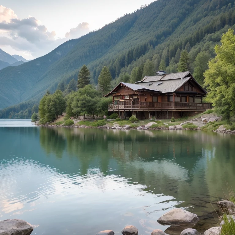 {A Western-style building nestled on the shore of a lake deep in the mountains}{early evening}｛borgar｝