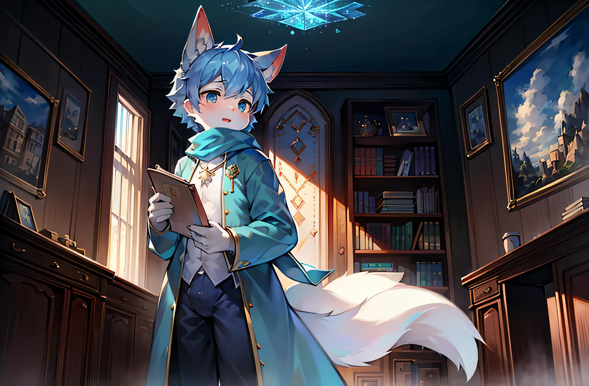 一只the white rabbit，shota，long blue robes，nevando，Clear blue sky，long bunny ears，Crystal pupils，Long blue scarf，ornate backdrop，magnificent robe，胸前挂着medal，medal，look out the window，rays of sunshine，having fun，Gift box，cool colours，The map hangs on the wall，book case，Holding a letter in his hand，shota，lovely boy，the white rabbit，Reading a letter，Sky blue walls，Sky blue wallpaper