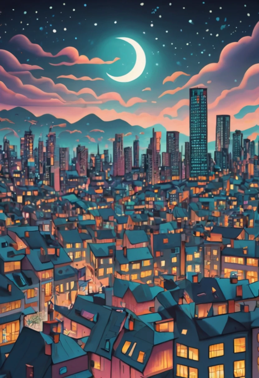 (best quality,4k,highres,masterpiece:1.2),ultra-detailed,(realistic:1.37),City Night View in a zentangle style,architecture,streets,crowded,neon lights,twinkling stars,detailed windows,vivid colors,dreamlike atmosphere,zigzag patterns,sharp lines,black and white combination,tangled buildings,surrealistic,night sky,glowing moon,contrast between lights and shadows,creativity,unique style,meticulous attention to details,expressive strokes,urban landscape,mysterious vibes,imagination,enchanted scene,nighttime hustle and bustle,thousands of windows shining bright,humming city life,long exposure effect,skyscrapers reaching for the sky,abstract patterns,creative interpretations,urban symmetry,zigzag rooftops,glowing skyscrapers,limited color palette,zentangle influences,cityscape at night,tranquil ambiance,moonlit scenery.
