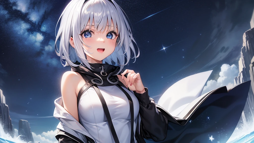 (masutepiece: 1.2, Best Quality), 1 Lady, Solo, silber hair,Shoulder out,Very short hair, long bangs between eyes, blue eyess,Black eyes, Hoodie,White hair, Silver hair, Hoodie, White hoodie、night sky full of stars、rays of moonlight、Bright smile、open open mouth、5 fingers