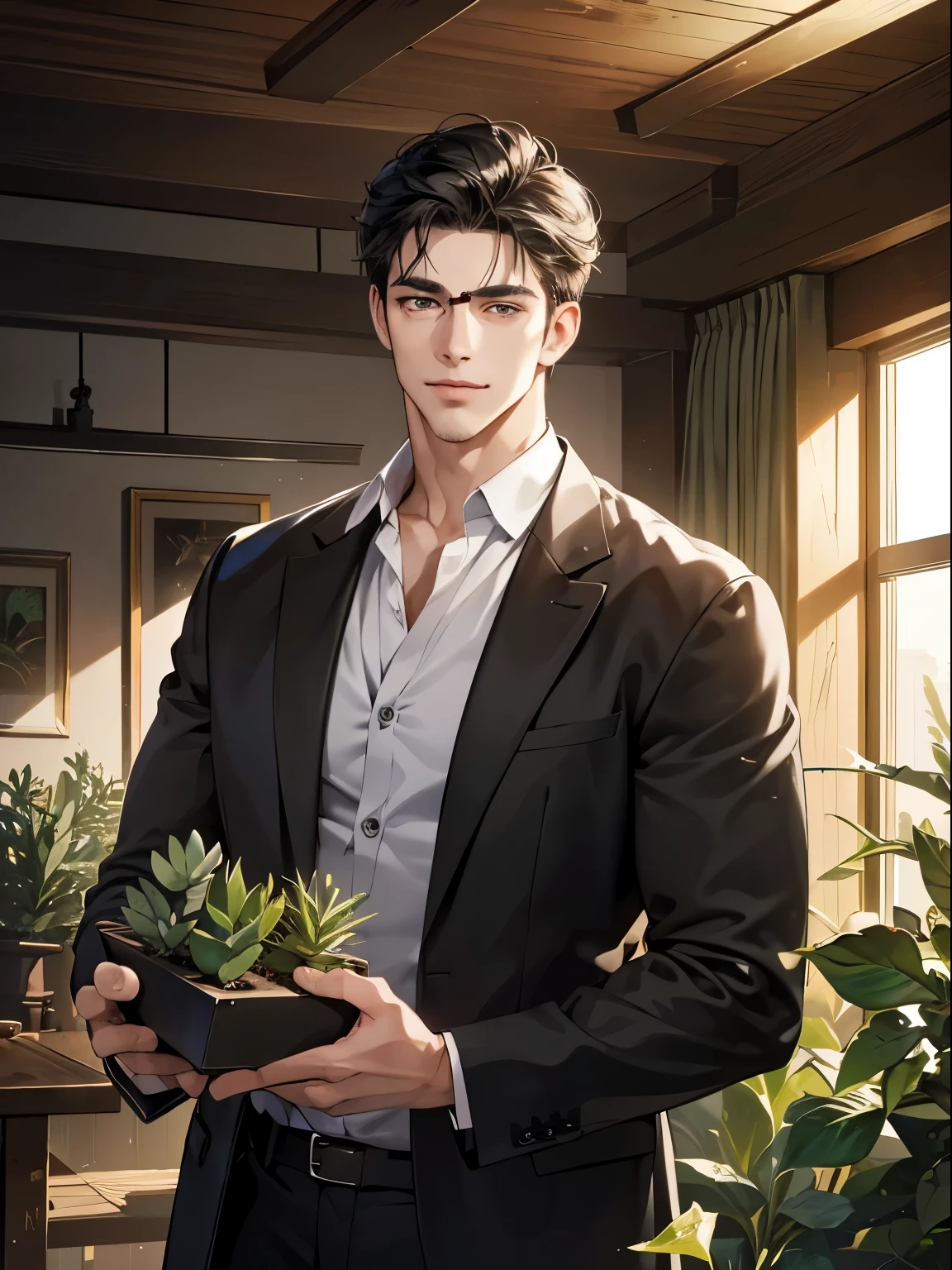 (Best Quality, masutepiece, 8K, Photorealistic, Cinematic lighting, HDR image, ultra-detailliert, beautiful image), 1 man, Mature, mature man, extremely handsome, a smile, Short black hair, Black eyes, Succulents,Looking at the camera,businessman,The jaw is square,eye glasses