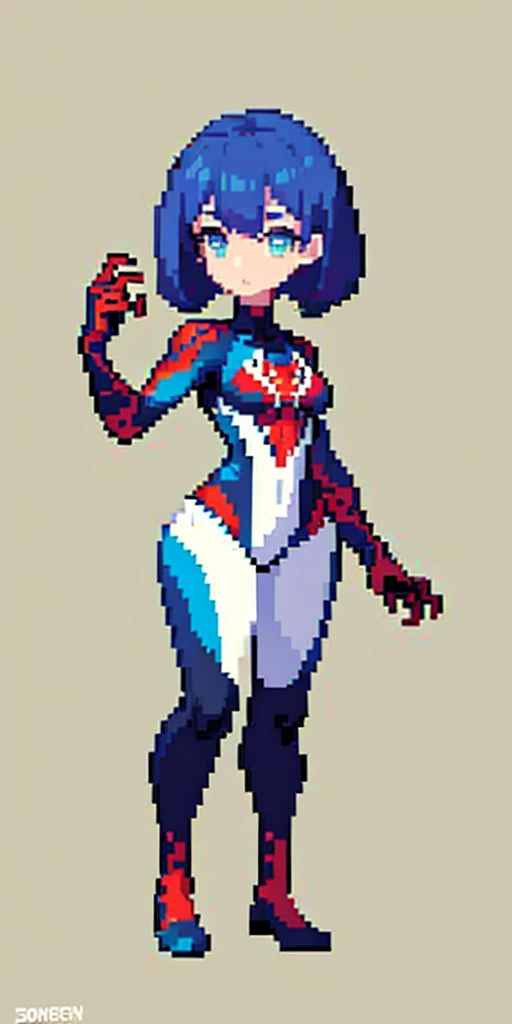 Blue hair, Spidey, (tmasterpiece, top-quality, best qualityer), pix, pixelart, 1girll, (best qualityer:1.3),(tmasterpiece:1.1),(illustratio:1.2),(ultra - detailed:1.2)