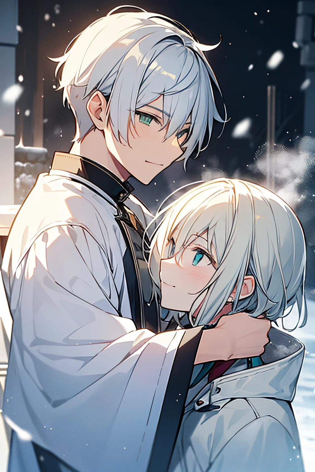 Unparalleled beauty,face perfect、Perfect Eye、green eyes Makoto Shinkai、Blonde and silver-haired、steam、steam、White breath、closing eye、Winter Outfit、snowscape、Landscape like an ink painting、 (2man),ゲイのmale people関係, male people,、stare at each other、Smiling,snow blowing
