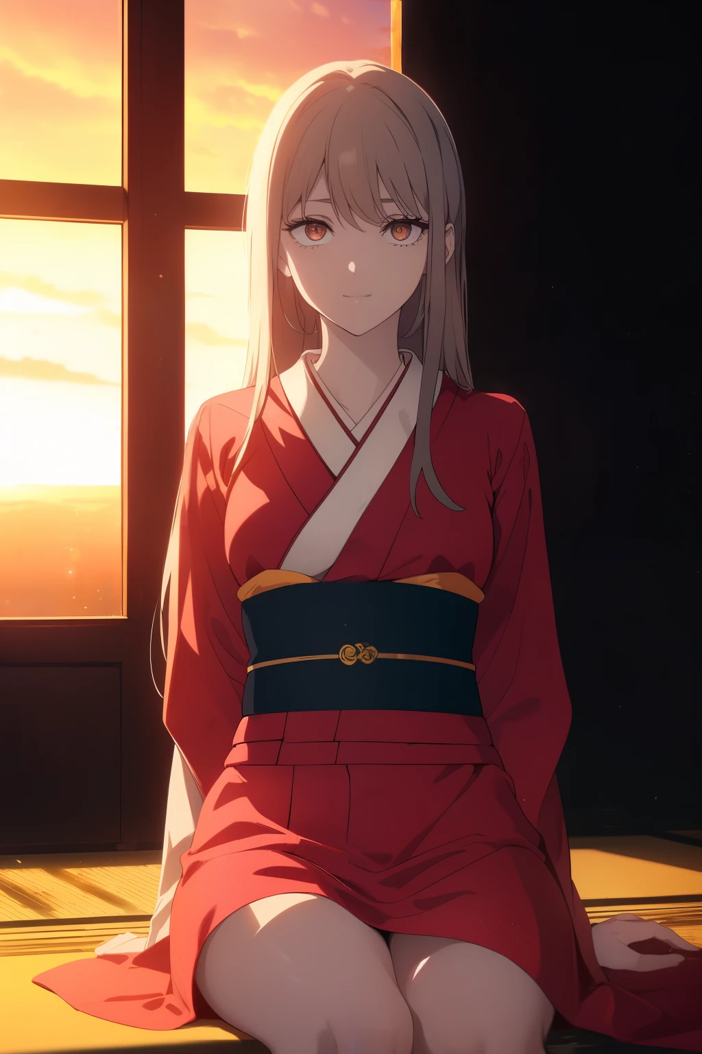 ((((Obra maestra, La mejor calidad, ultrahigh resolution)))), 1girl, sitting on steps outside, ((wearing a red kimono)), long hair cut, pale skin, ((brown eyes)), (glowing_eyes, luminescent eyes), (ultra detailed eyes:0.7, beautiful and detailed face, detailed eyes:0.9), ((centered)), smile, ((wide shot)), facing viewer, (((vibrant background of outside, sunset, bright lighting, summer, sunlight))), flat chested, looking at viewer, ((perfect hands)), ((head:1, hips, elbows, arms, in view)), ((hands behind back)), beautiful lighting, defined subject, (13 years old), ((cool looking)), ((slight breeze in hair, vintage sun glare))