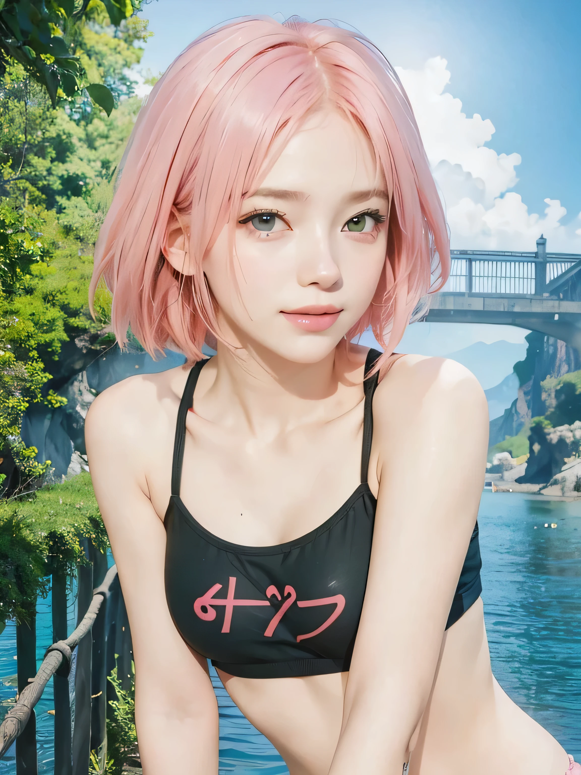 Light pink hair, blue eyes, pink, beach, white tanktop, paint splash, simple background, ray tracing, shorthair, big 