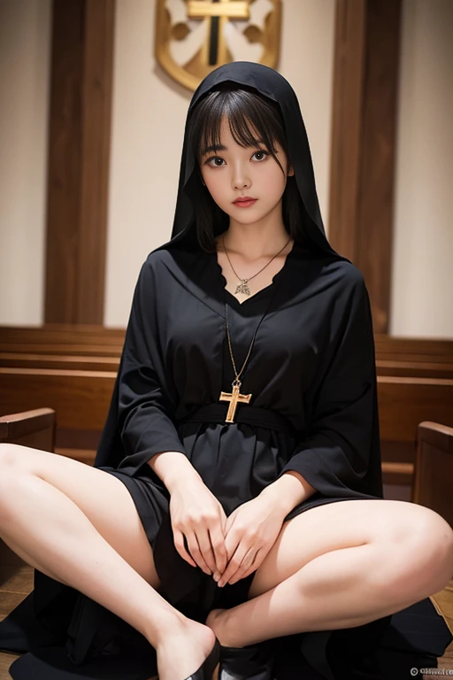 1Woman, 25 years, (ultra beautiful face:1.5), (Black monastic vestments:1.1), Sitting on a chair in the chapel with legs spread, ((frontal view)), (spread legs apart:1.1)、cross necklace, Church chapel, (NSFW)
