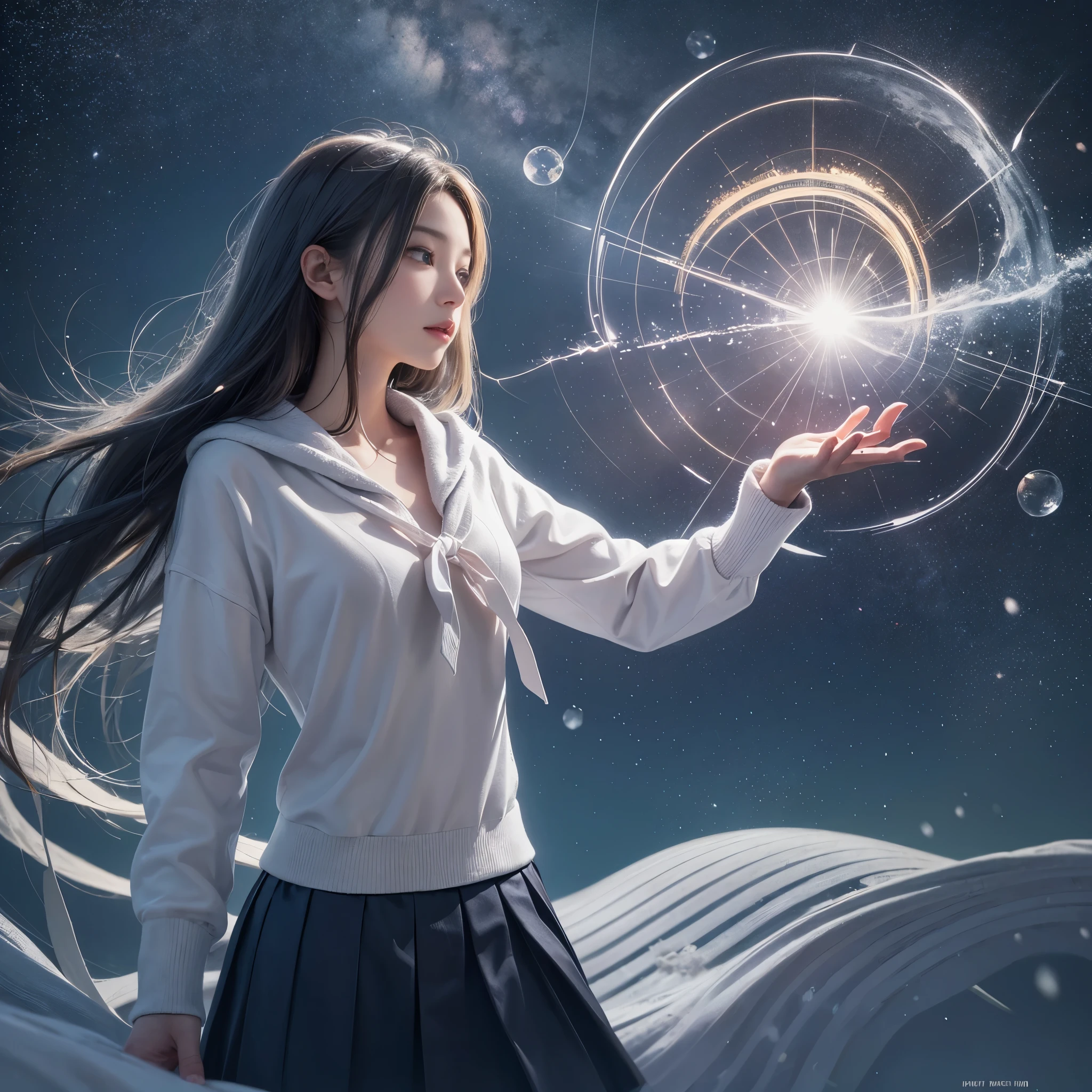 (Raw photo:1.2), (Photorealistic), Beautiful detailed girl, Very detailed eyes and face, Beautiful detailed eyes, Huge file size, High resolution, Very detailed, Best Quality, [masutepiece:1.6], Illustration, Very detailed, Fine detail, Best Quality, 8K Wallpaper, Movie Lighting,15-year-old high school girl, , Snowy night sky, night cityscape, Unleash magic from your hands, Fantastic sight,Underwear, Longhaire, Underwearで,White bra,  You can see the white panties, Slim body, Young Face, Smaller chest, Immature body, sparkling magic