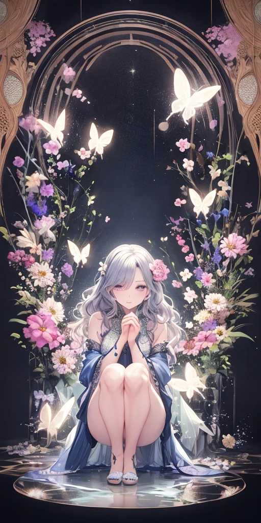 crouching down、puddle、Wet、Opening leg-shaped legs、opens legs、Lace panties(8K、top-quality:1.2)、(masuter piece:1.37)、(a picture、Photorealsitic:1.37)、 full body Esbian, (Perfect body:1.1)、(art nouveau:1.25), Maximalism artstyle,neon theme,suprematism,beautiful detailed flower, beautiful detailed eyes,hyper detailed,flower,hyper quality,,eyes,flower and hair is same color,beautifuly color,face,her hair is becoming flower, flower,hair,flower,butterfly,,1girlkawaii,,high details, high quality,back light,hair and clothes is flower,upper body ,high quality,hair with body ,webbed dress, upper body, flower leg, flower hands,body with flower, flower with clothes , dress with flower, , light particles,black background, Hair with flower,small breast with flower,floating hair with flower,floating1girl,small breast, marbling with hair and clothes, looking at viewer,original,arm down, cutting, black background, flower forground, hair with flower,highres, hair with flower,hair with flower ,hair, wavy hair ,diffusion lighting, abstract,Butterfly with body, flower with hair, her hair is flower,big top sleeves, floating,pupils, [[hair over one eye]],dark