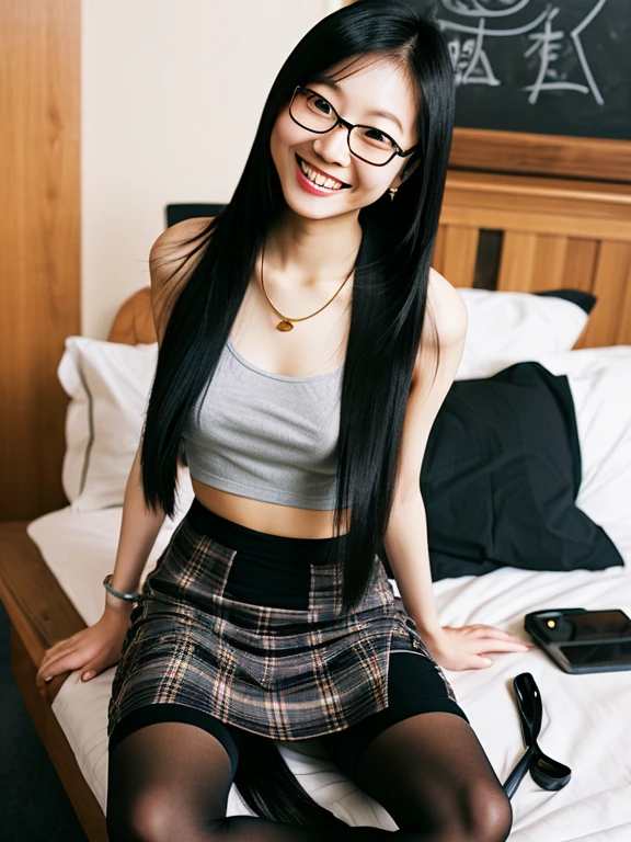 asian, glasses, small breasts, topless, smile, sexy pencil skirt, tights, long straight hair, long legs