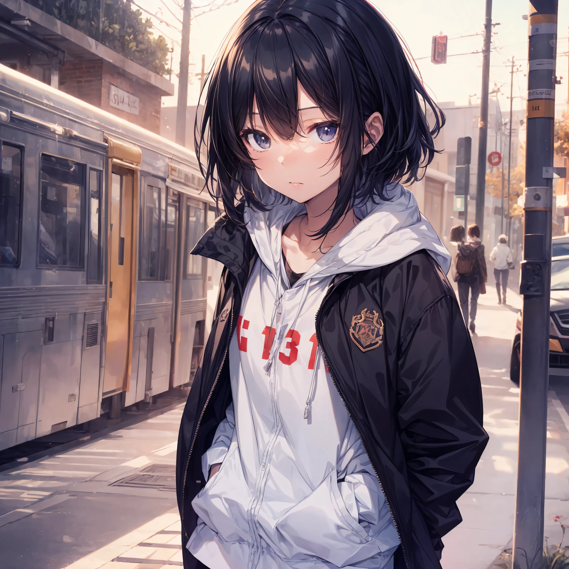 Super high quality by the art god, Ultra-detailed, High resolution, Shinkai Makoto style, anime moe art style, best anime 8K konachan wallpaper, Pixiv Contest Winner, Perfect Anatomy, BREAK,(Please draw a sleepy girl going to school alone.. ),BREAK, a hyperrealistic schoolgirl, (Solo,Lori,child,13years:1.3),Full limbs, complete fingers,a junior high school student, Androgynous attraction, (Very short hair), hair messy, flat chest, Small butt, groin, Small eyes,Beautiful detailed black eyes, Well-proportioned iris and pupils, disgusted eye, High resolution detailed hair, School uniform, Skirt, On the way to school. BREAK,Ultra-detailed細なスキン, Best lighting by famous artists, 8K, Illustration,