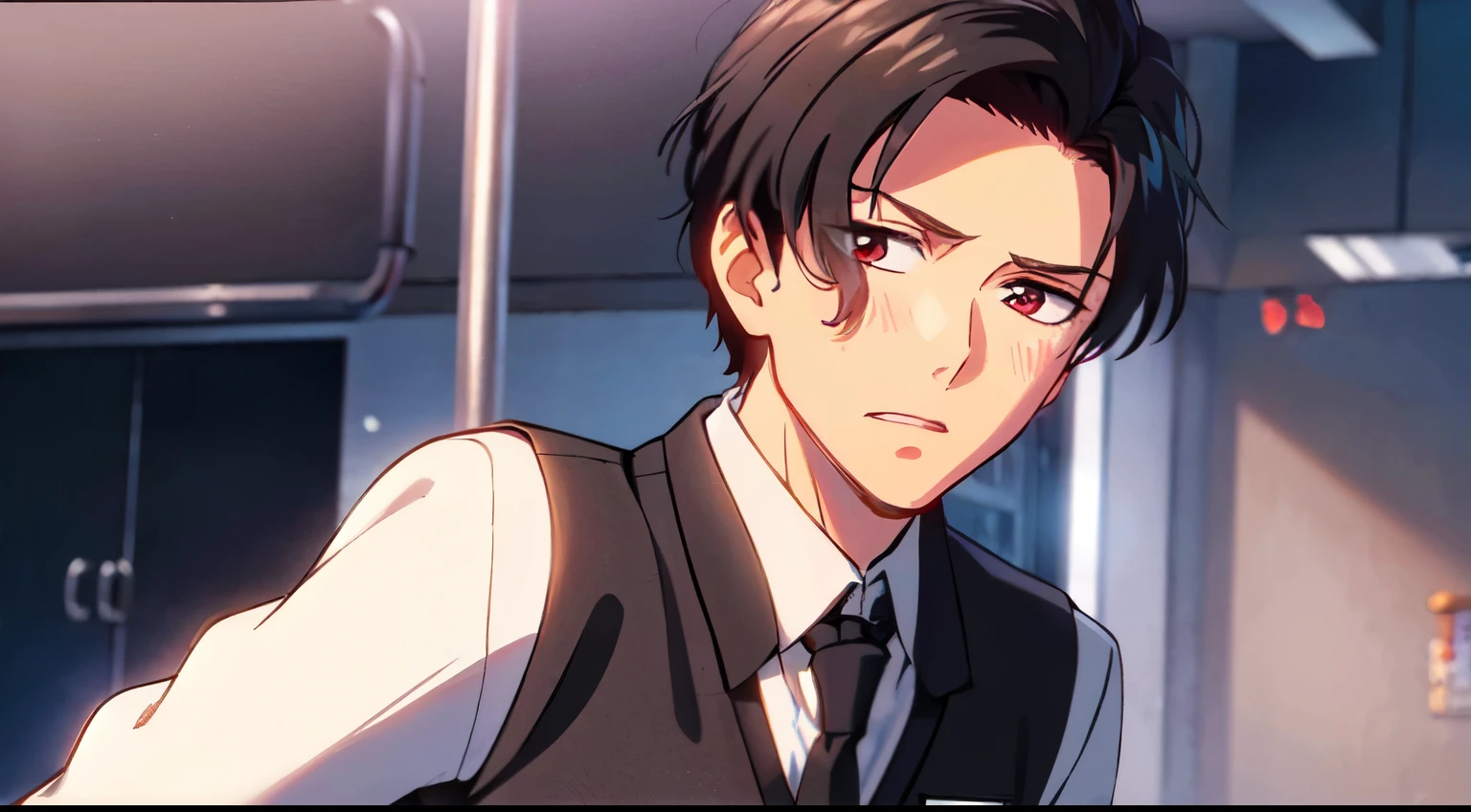 masterpiece, 1Man, (solo), luci\(obeyme\), red eyes, black hair, luci\(everyday\), (black shirt), (vest), (red necktie), blush, look at viewer, classroom