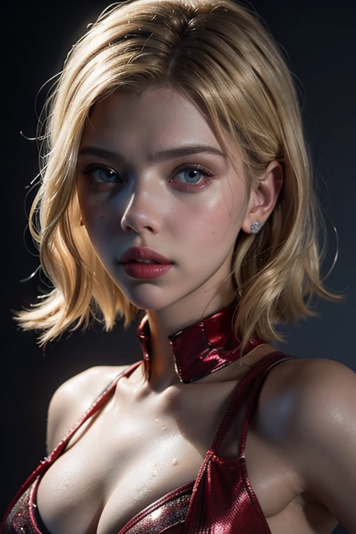 Create amazing image of actress Scarlett Johansson, blonde, with detailed eyes and shine, textured skin and pores, sweat body, busty, topless , detailed mouths, cinematic lighting, intricate, hyper realistic, high resolution, 4k, raw