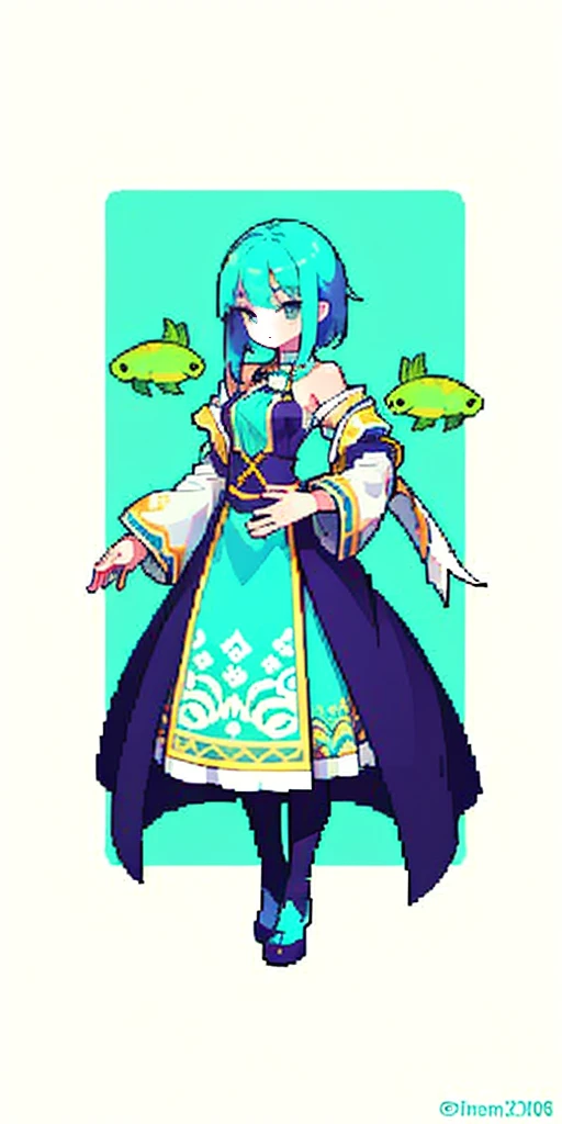 masterpiece, top quality, best quality), pixel,pixel art, 1 girl, aqua, fullbody, Cyprinid
