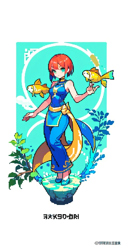 masterpiece, top quality, best quality), pixel,pixel art, 1 girl, aqua, fullbody, Cyprinid